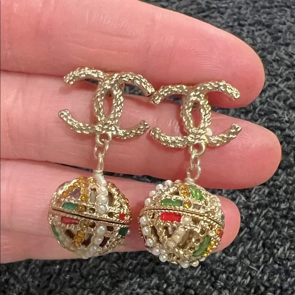 CHANEL Gold-Tone Double C Drop Earrings with Multicolor Enamel and Pearl Accents - Picture 5 of 15